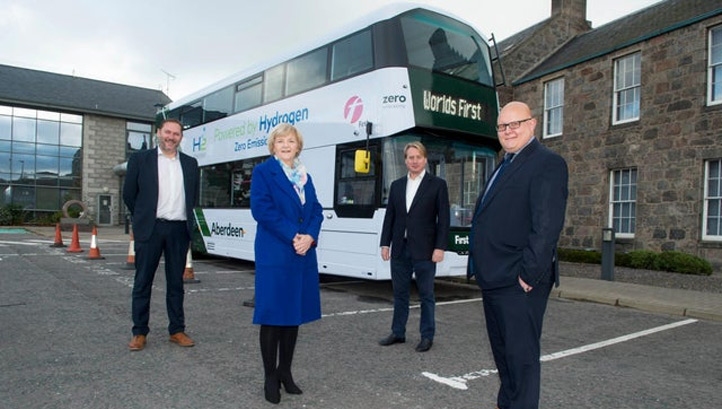 Left to right: Council co-leaders Douglas Lumsden and Jenny Laing; Wrightbus' executive chair Jo Bamford and First Aberdeen's operations director David Phillips
